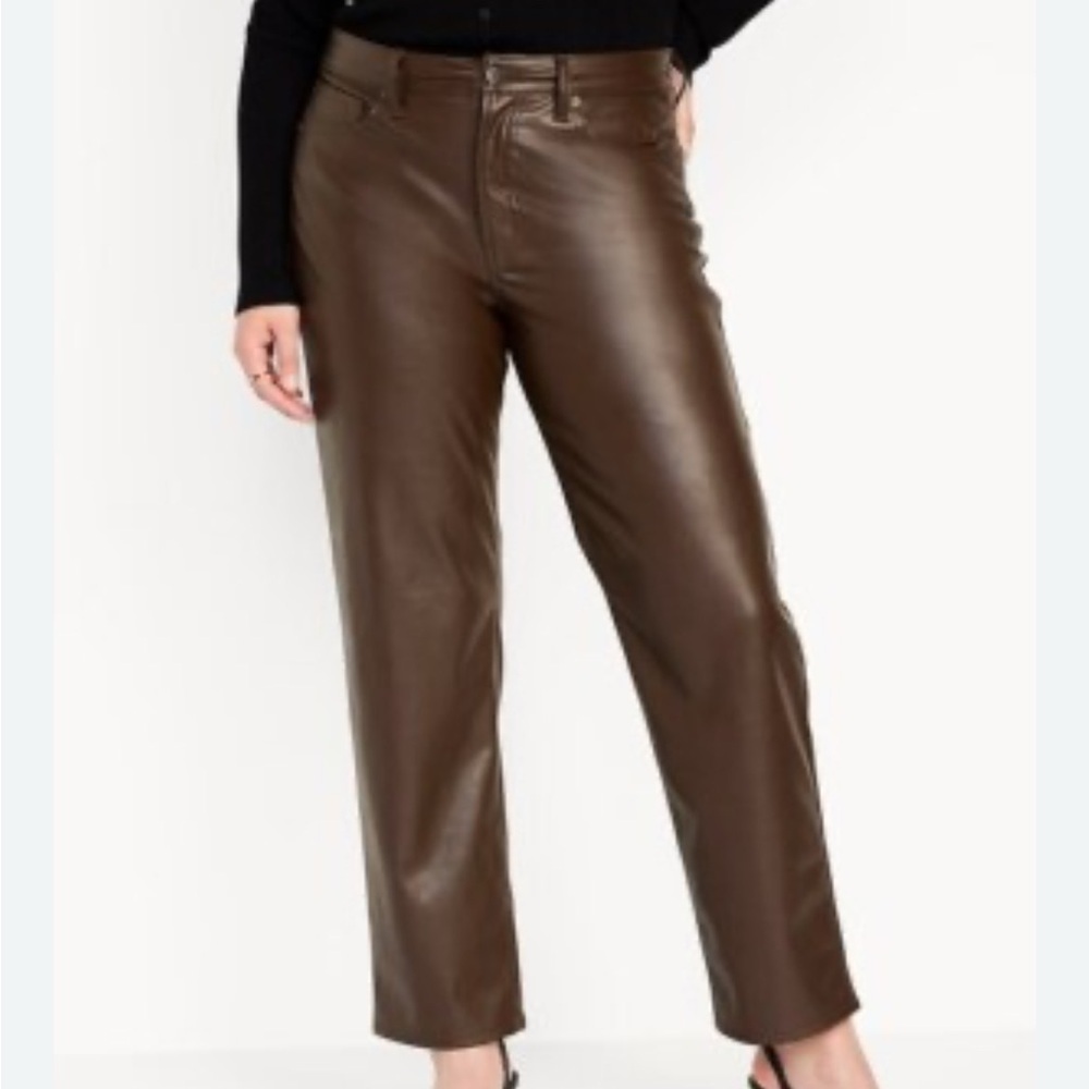 OLD NAVY CHOCOLATE BROWN FAUX VEGAN LEATHER HIGH RISE OG LOOSE PANTS SZ 10